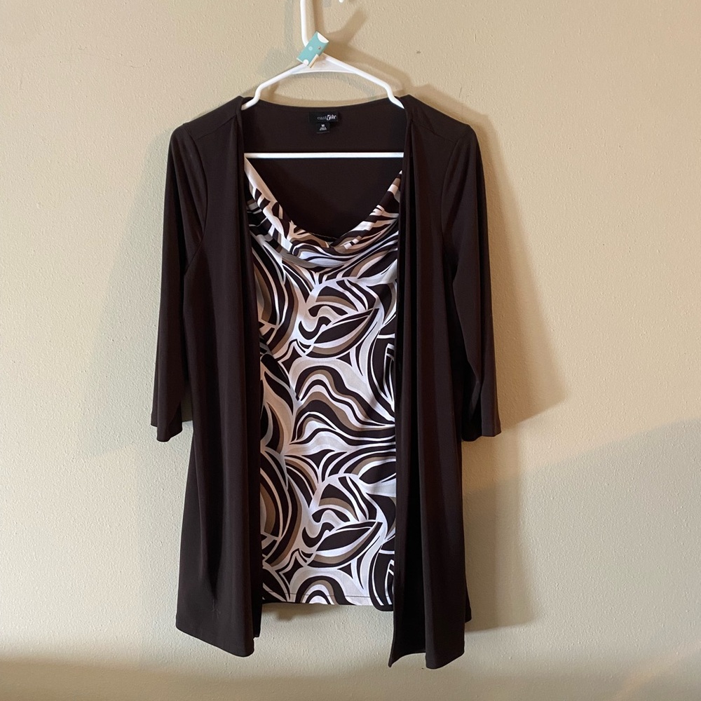 Brown and White Cowl Neck Blouse with Attached Brown 3/4 Sleeve Cardigan Sz M